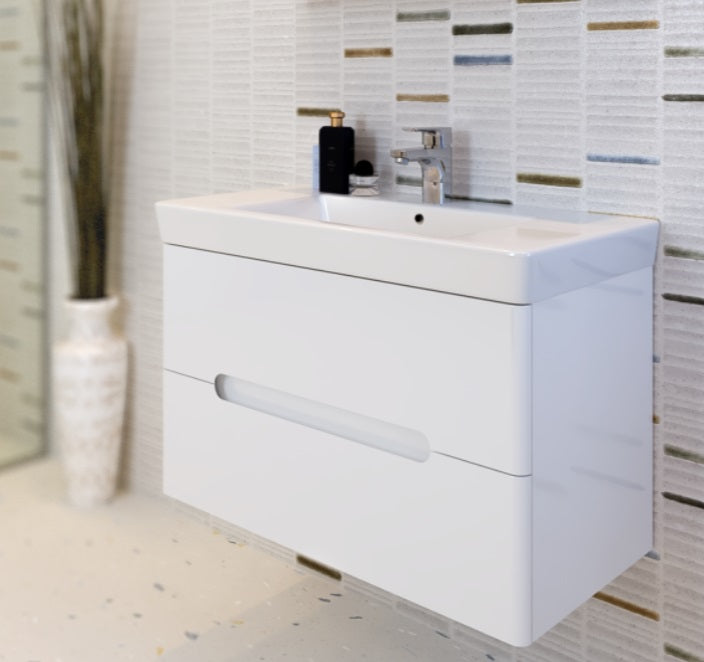 Серия Monaco 80 см. бял стенен шкаф с мивка Roca 80x45 см, LED осветление и soft close механизми - онлайн магазин KERANOVA