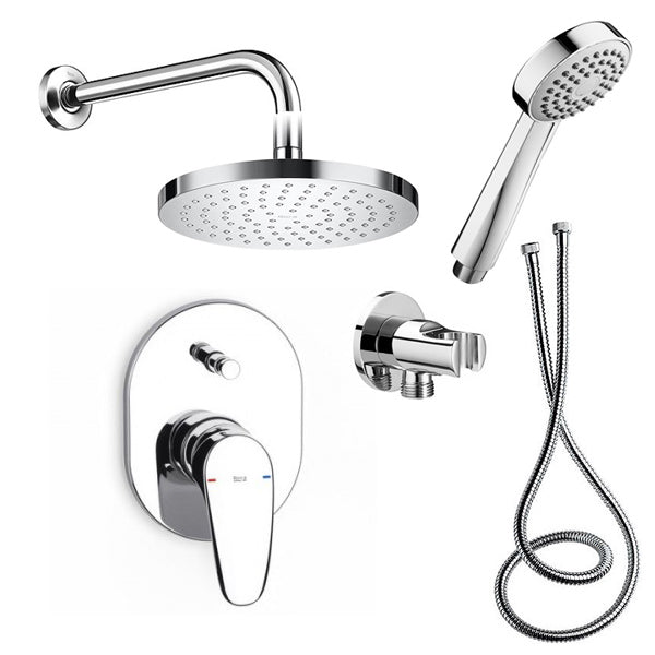 Вграден комплект Monodin New Roca хром - душ глава Rainsense Ф200, слушалка Stella, шлаух и вграден смесител за баня KERANOVA