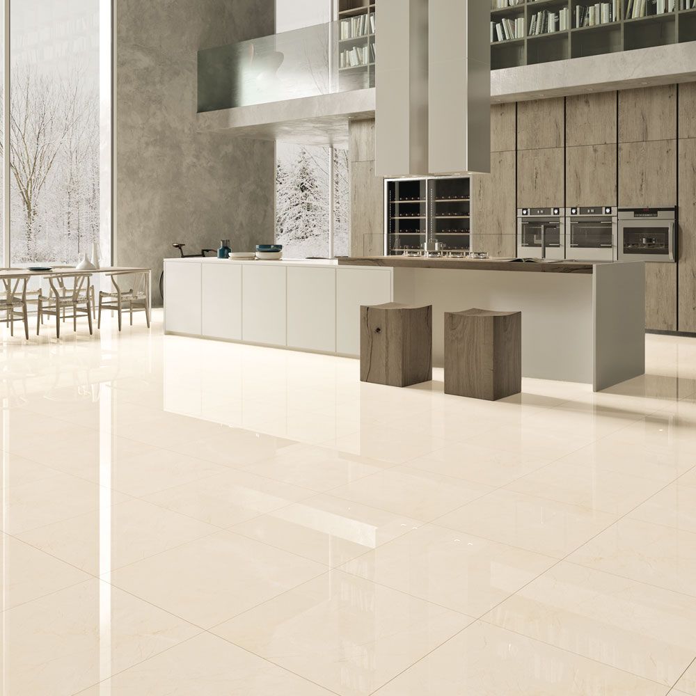 Mood Polished 60x60 и 60x120 - Qua Granite полиран гранитогрес с мраморен декор в модерна кухня, онлайн магазин за обзавеждане за бани KERANOVA