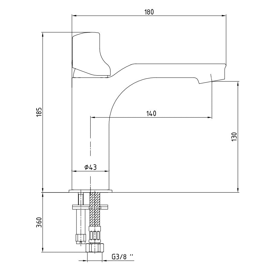 Смесител за умивалник - серия MYRA технически чертеж с размери 140 мм чучур, водоспестяваща версия, онлайн магазин KERANOVA