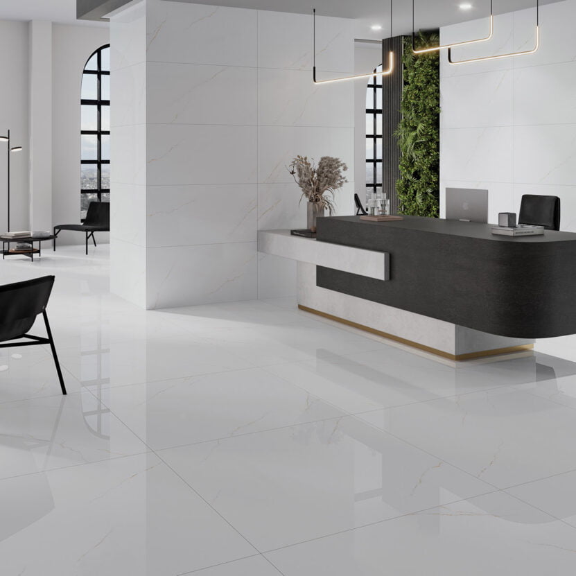 Narvik Gold Polished 60х120 и 120х120 см. - Vitacer в модерен бял лоби с полирани мраморни плочки