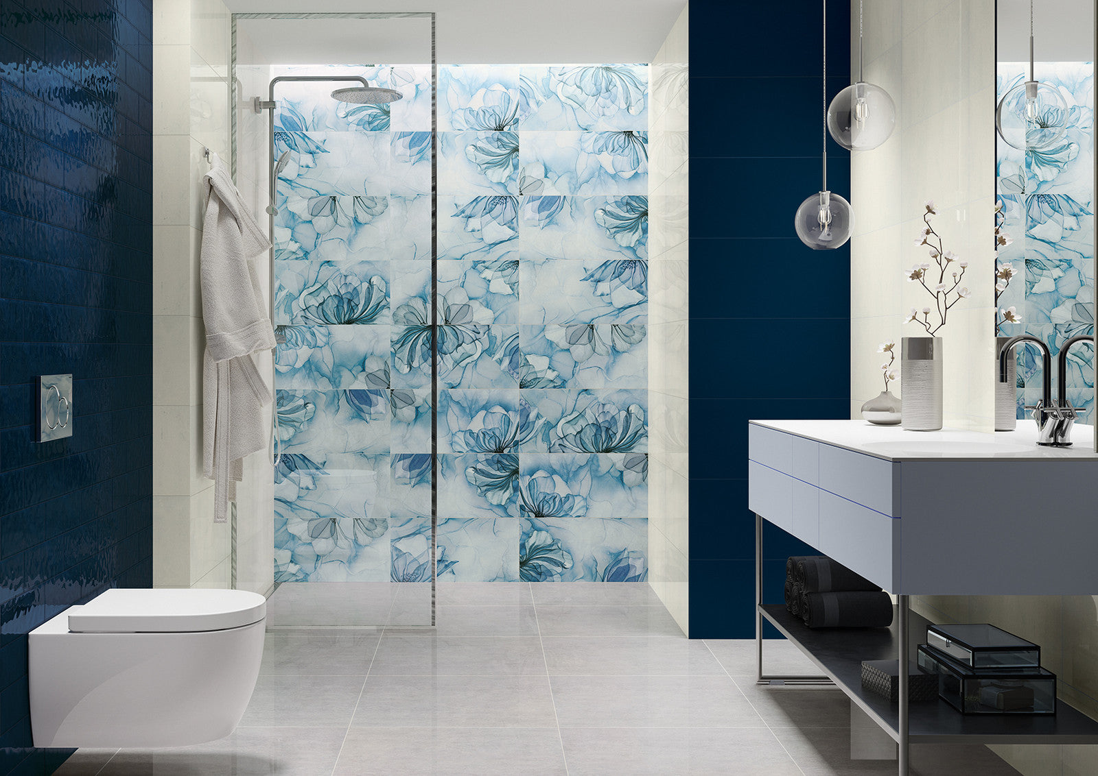 Баня Natura Sweet 30x60 - Paradyz: модерен баня дизайн с фонови сини флорални плочки от Paradyz, онлайн магазин за обзавеждане за бани KERANOVA