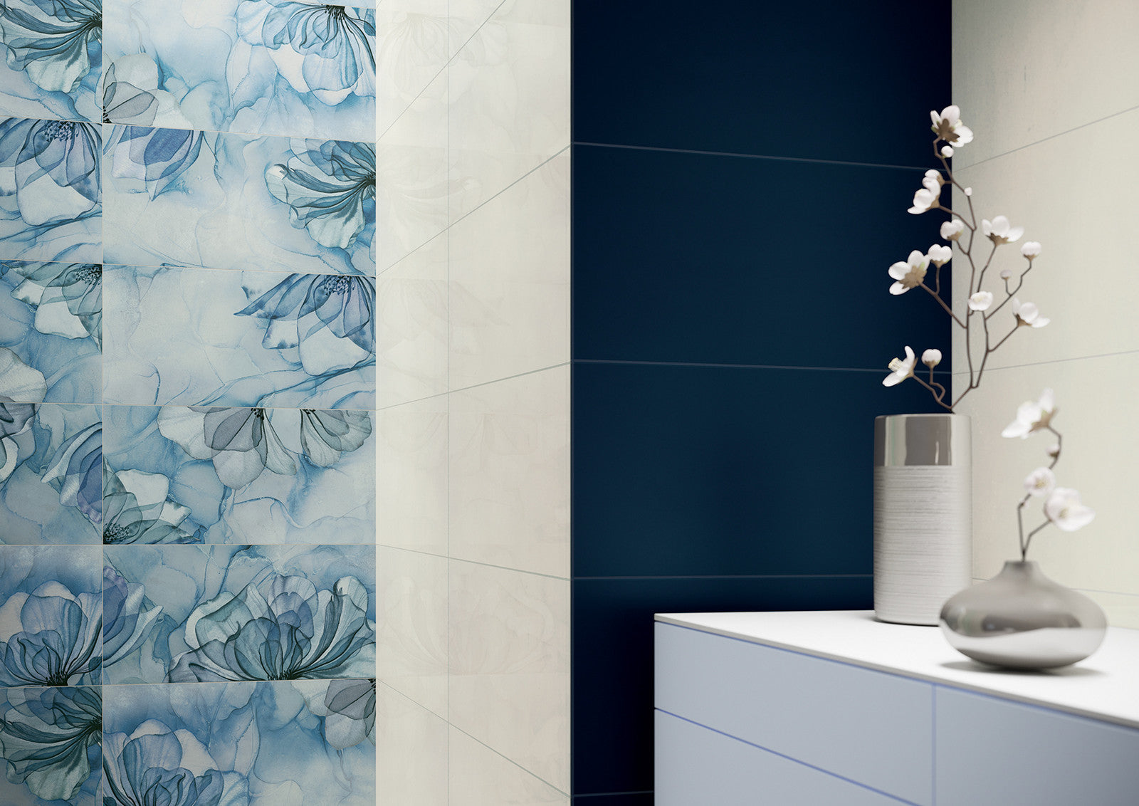 Баня Natura Sweet 30x60 - Paradyz плочки с флорални сини мотиви в модерна баня от KERANOVA онлайн магазин