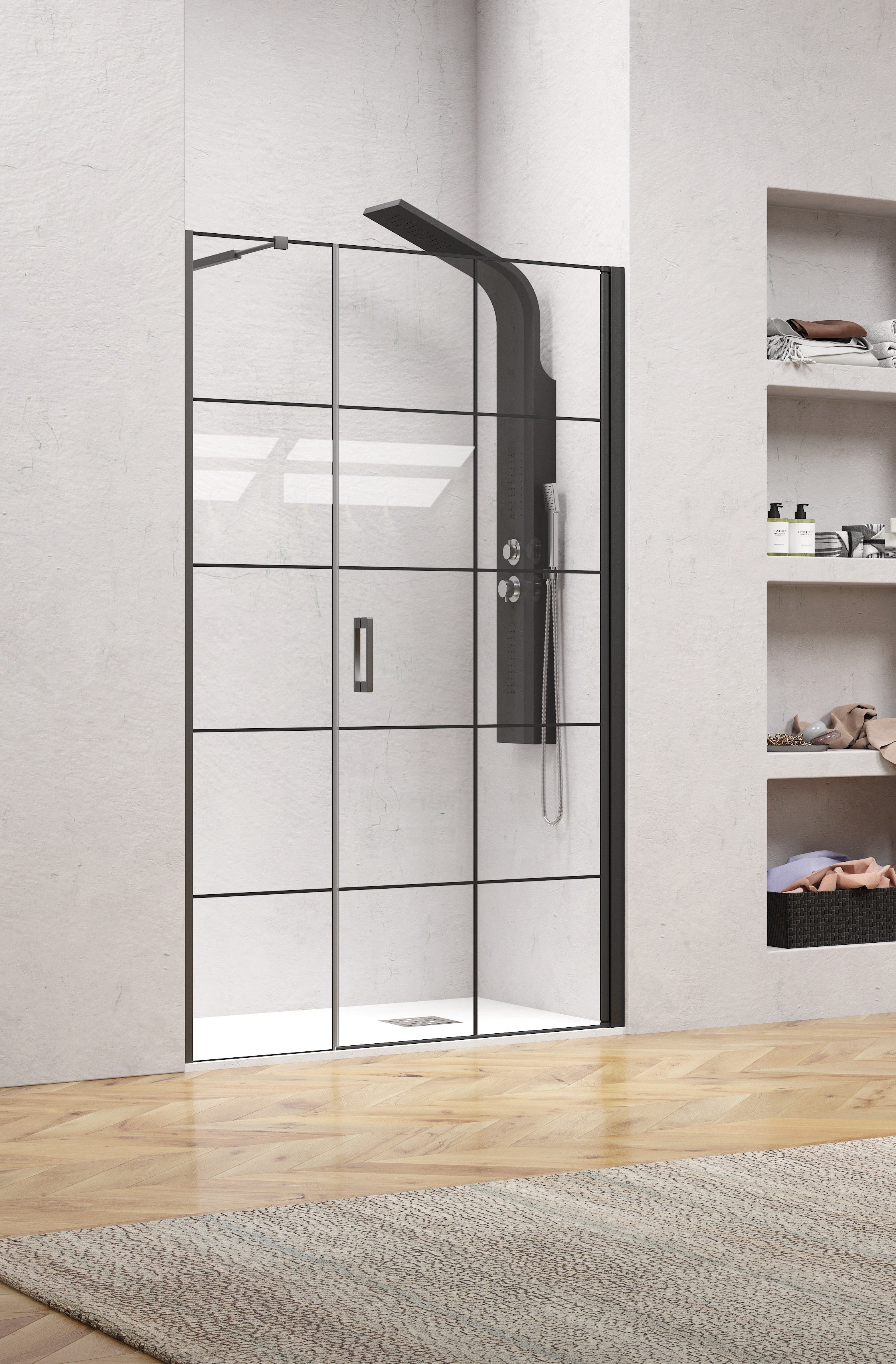 Nero 5 Porta - 115-118 см. - частичен мат черен стъклен параван за баня с алуминиев профил KERANOVA