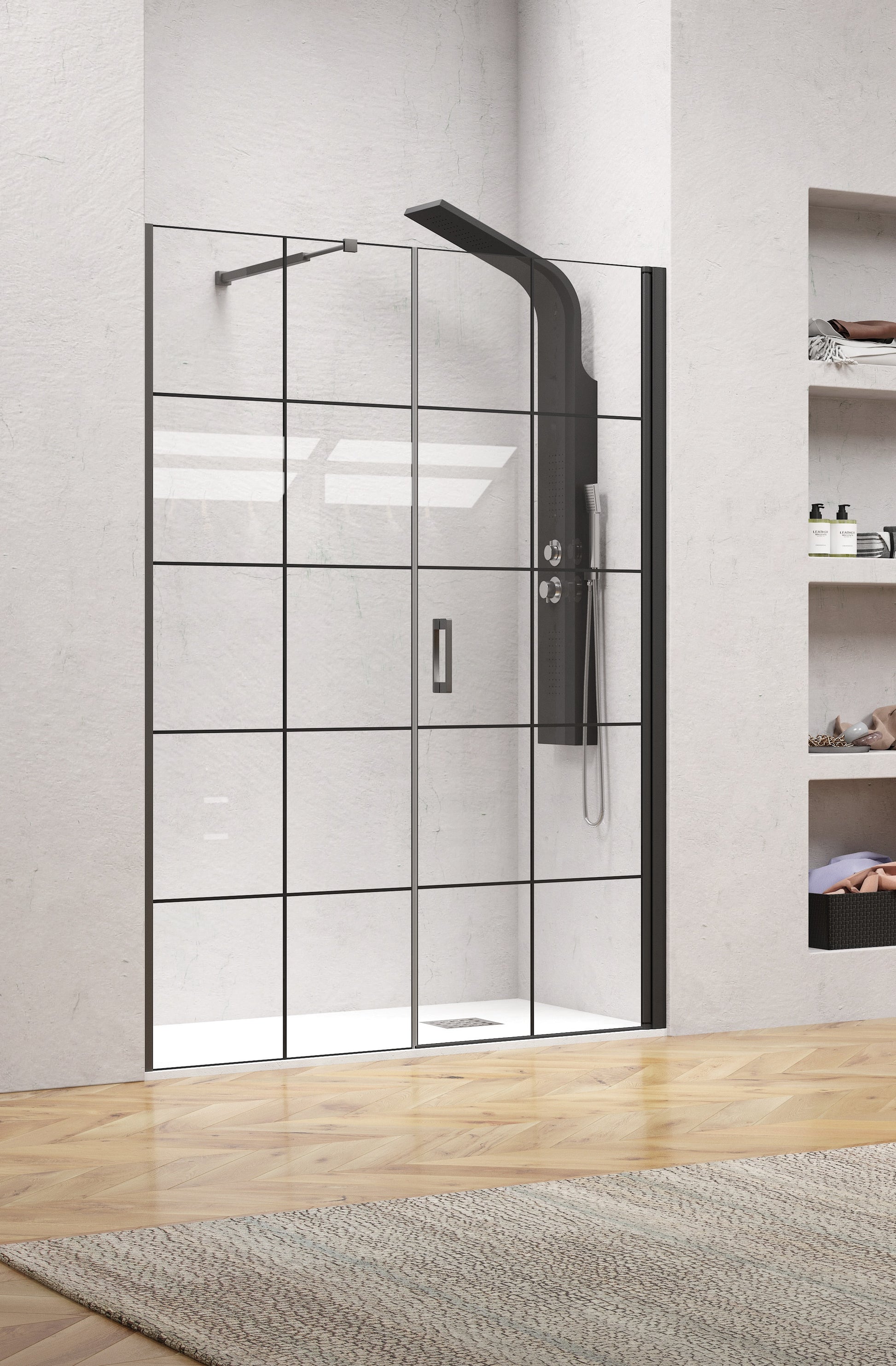 Nero 6 Porta - 174-178 см. - частичен мат: черен алуминиев стъклен параван за баня с частичен мат, магнитна врата, KERANOVA онлайн магазин