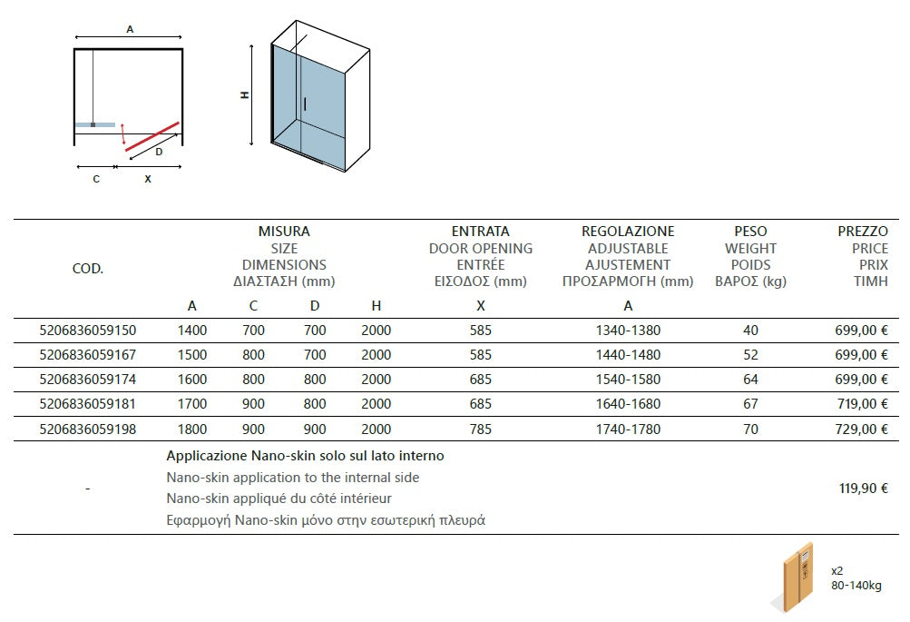 Nero 6 Porta - 174-178 см. - частичен мат стъклен параван за баня с черен профил и магнитен уплътнител - KERANOVA