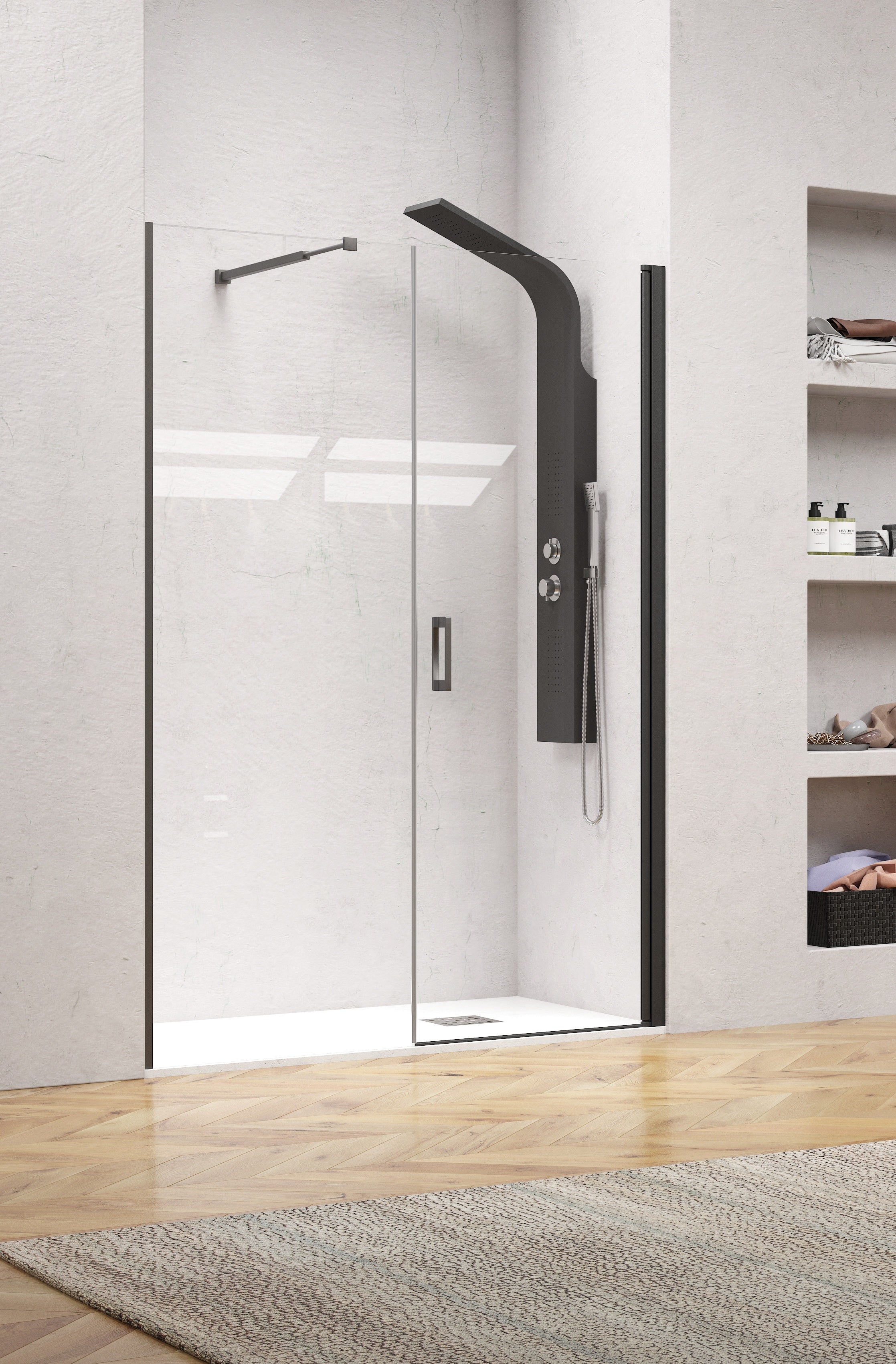 Nero 6 Porta - 166-170 см. черен стъклен параван за баня с една отваряема врата и фиксирано стъкло, 6мм закалено, KERANOVA