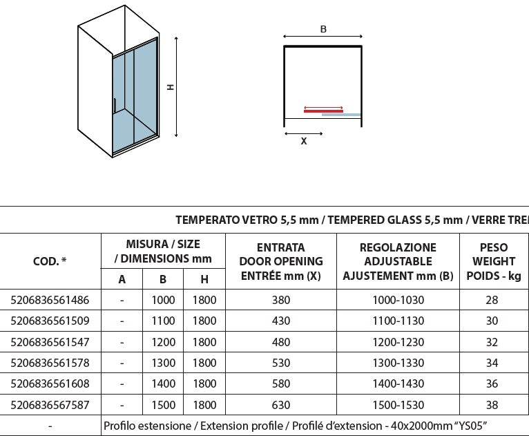 New Flora 500 - 100 см. душ параван с една плъзгаща врата, хром профил, 5,5 мм закалено стъкло, регулиране 100-103 см - KERANOVA