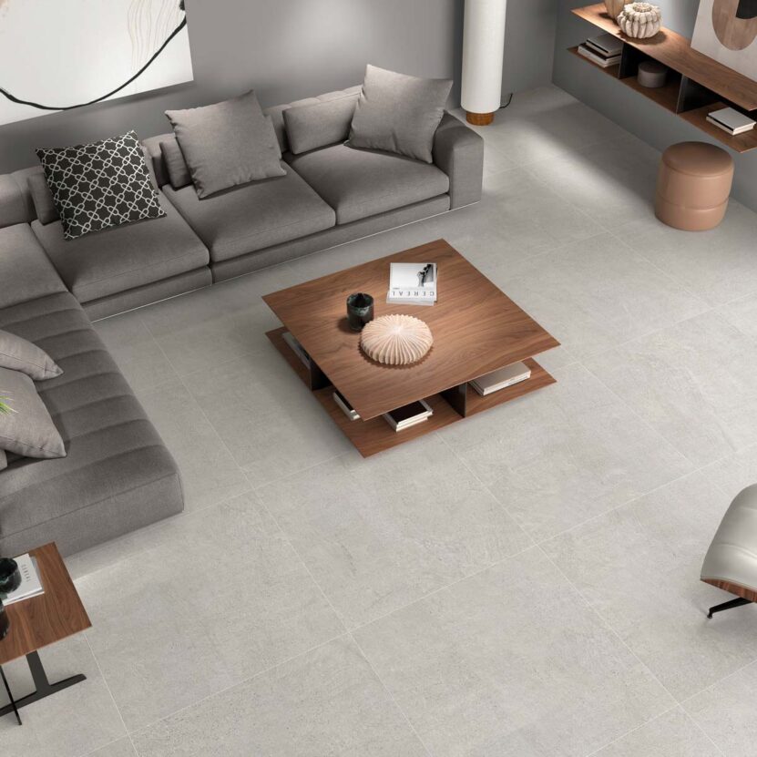 Newbury 60х60, 60x120 и 100x100 см. - Keratile матови гранитогрес плочки в сив нюанс в модерен дневен интериор