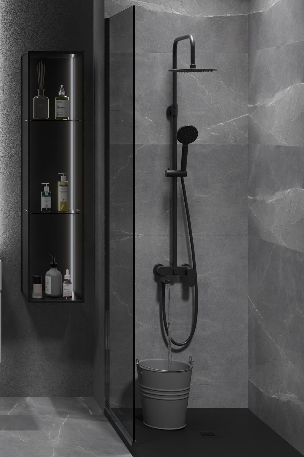 Душ колона с чучур Wind Blu Square Matt Black - Aquagrif в модерен матов черен дизайн, телескопична 95-150 см, метална пита Ф25 см, онлайн магазин KERANOVA