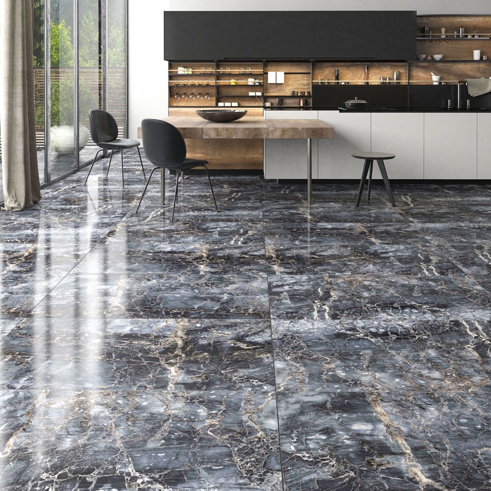 Серия Notte Polished 60x120 - Qua Granite полиран гранитогрес с мраморен декор в модерна кухня, онлайн магазин KERANOVA