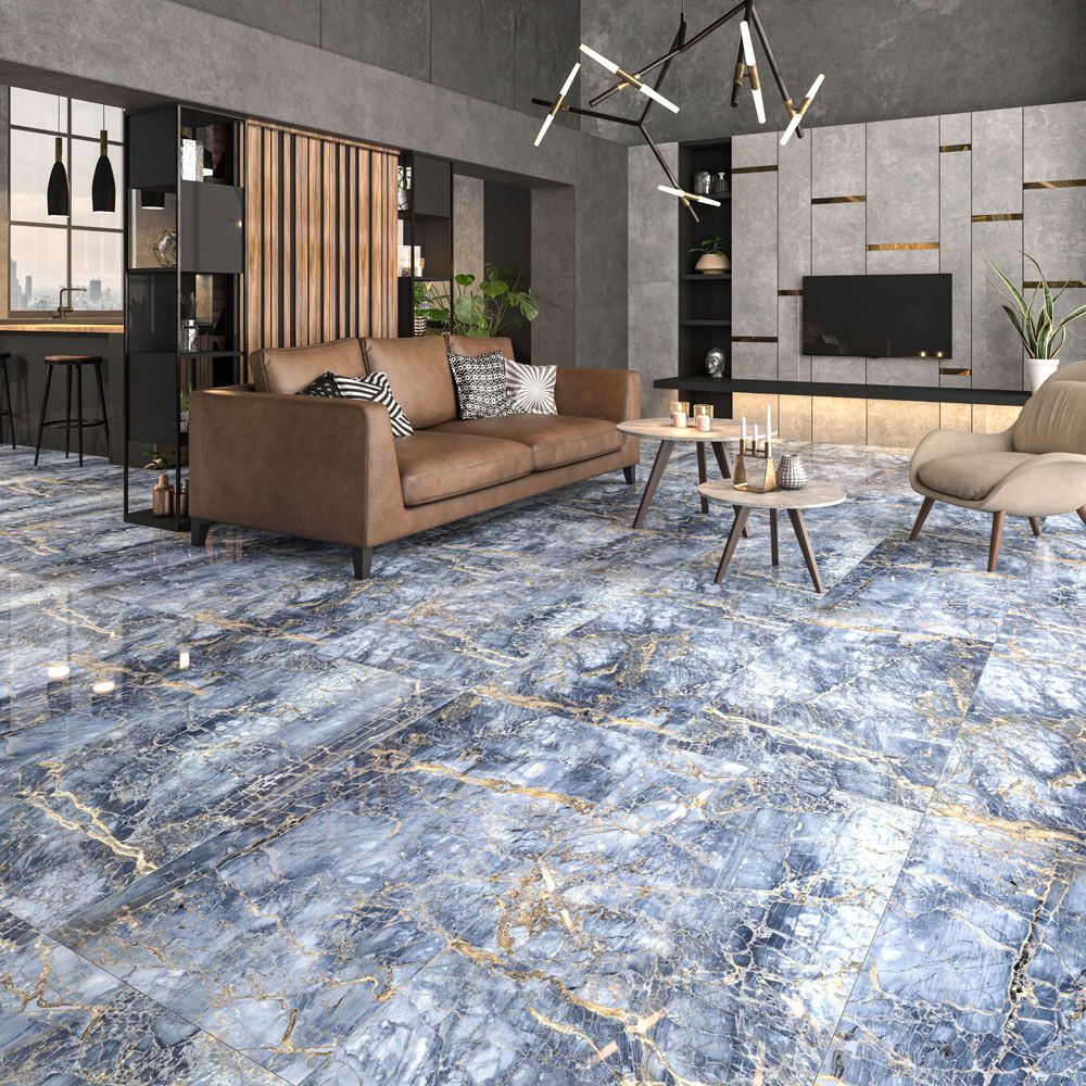 Серия Notte Polished 60x120 - Qua Granite полиран гранитогрес с мраморен декор в просторна дневна, онлайн магазин за обзавеждане за бани KERANOVA