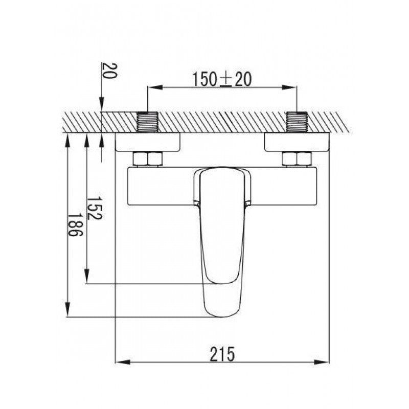 Смесител за вана/душ Marcarni - технически чертеж с размери 215mm и монтаж 150±20mm, онлайн магазин за обзавеждане KERANOVA