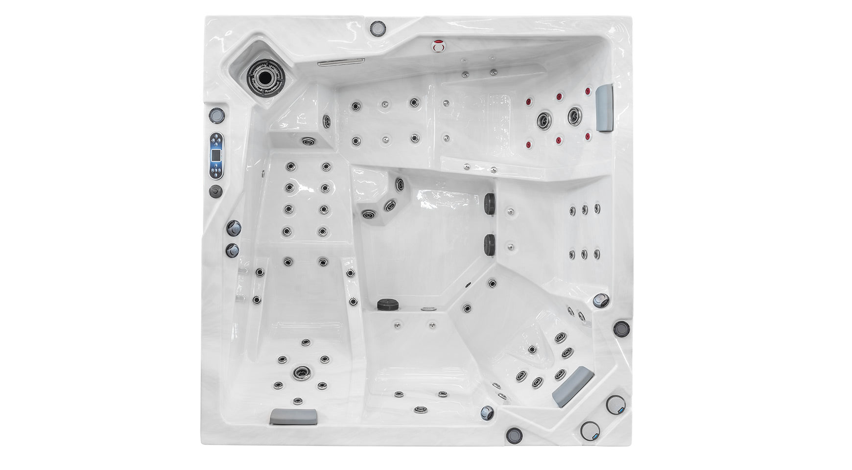 Almandine 220x220 см. - панели в 5 цвята джакузи от KERANOVA, бял външен изглед с места за сядане и множество масажни дюзи