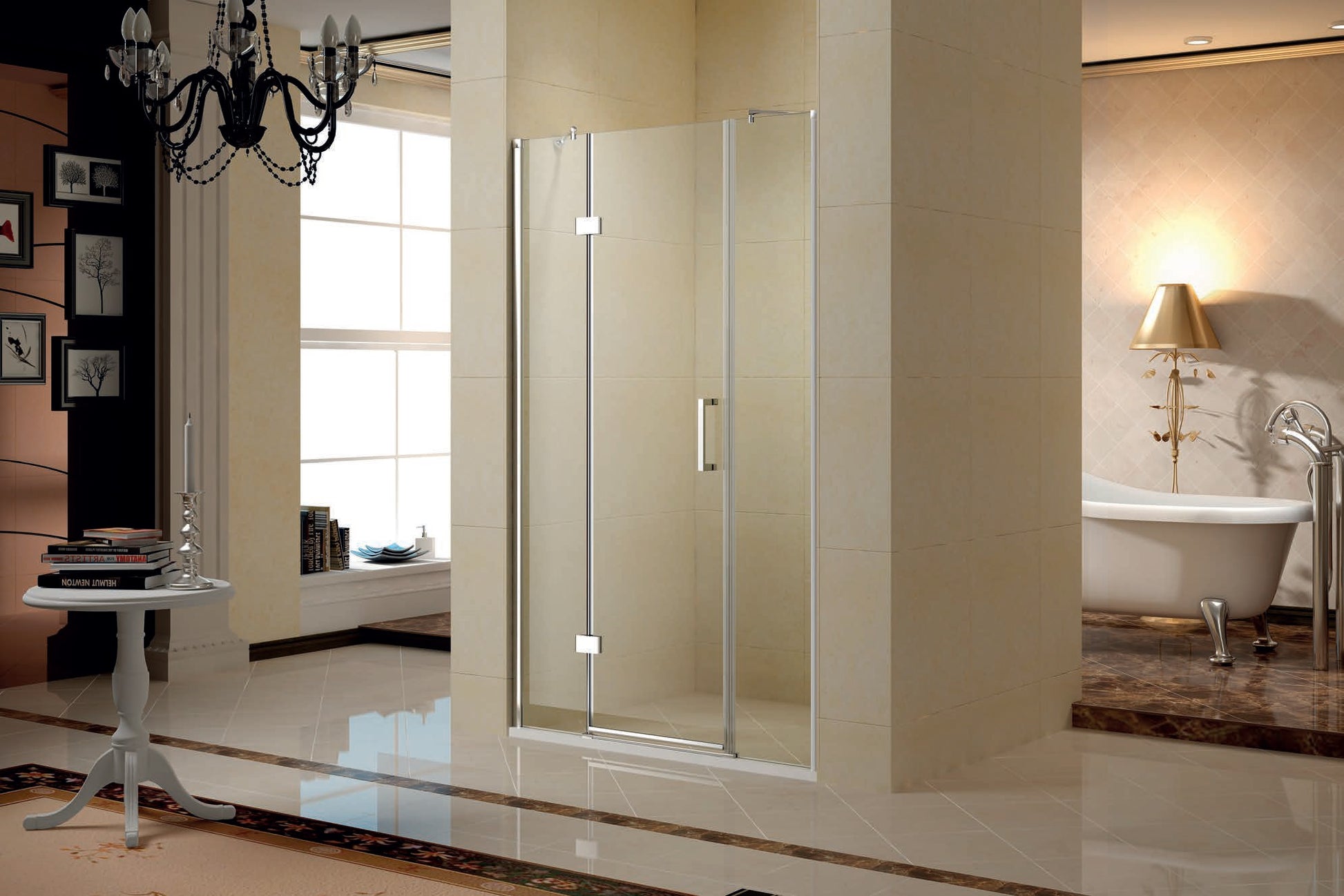 ON 600 - 120x195 СМ. Стъклен параван за баня с една отваряема и две стационарни части, хромиран профил, 6 мм закалено стъкло, KERANOVA