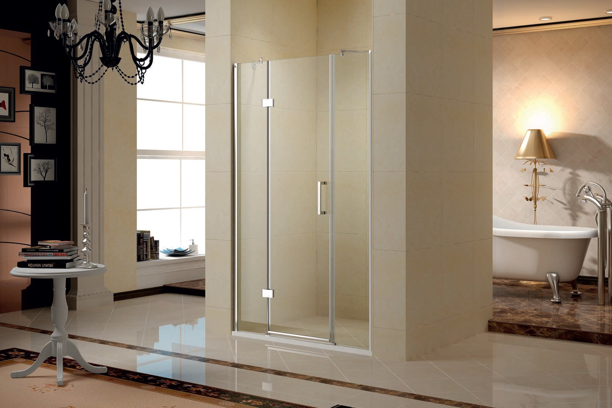 ON 600 - 120x195 СМ. Стъклен параван за баня с една отваряема и две стационарни части, хромиран профил, 6 мм закалено стъкло, KERANOVA