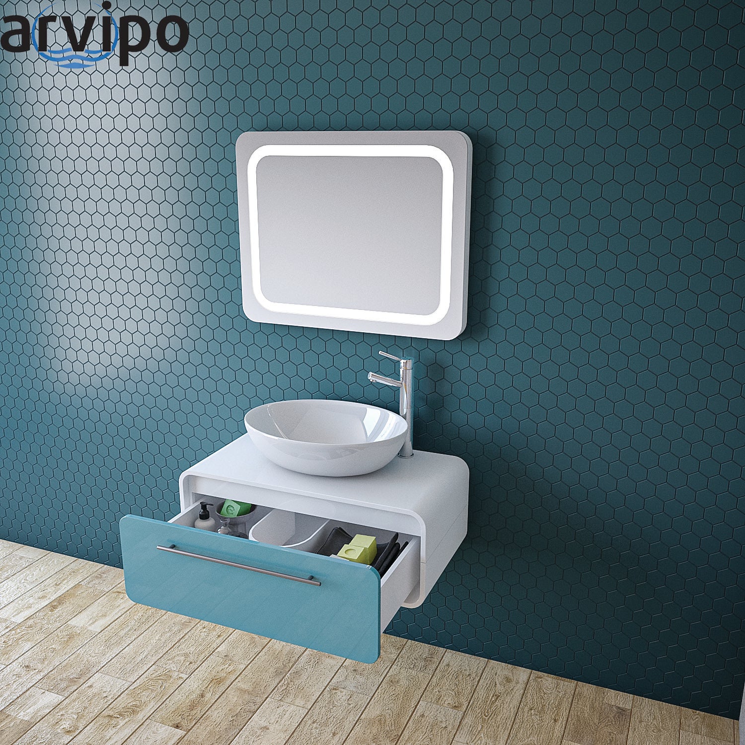 Серия Oval 80 - бяла PVC мебел с мивка тип купа, LED огледало и чекмедже soft close за онлайн магазин KERANOVA