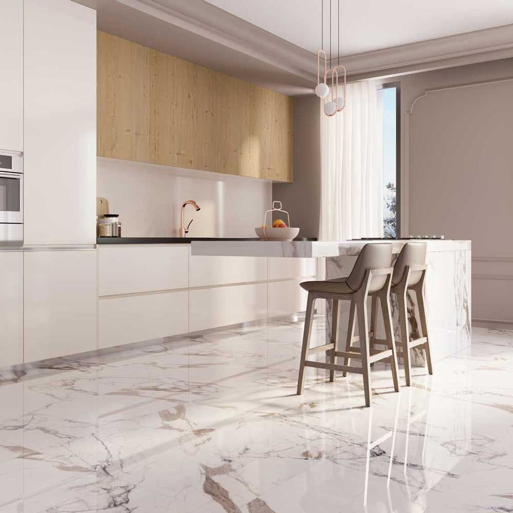 Paonazzo Polished 30х120 и 60х120 - Qua Granite полиран гранитогрес с мраморен декор в кухненски интериор онлайн магазин за обзавеждане KERANOVA