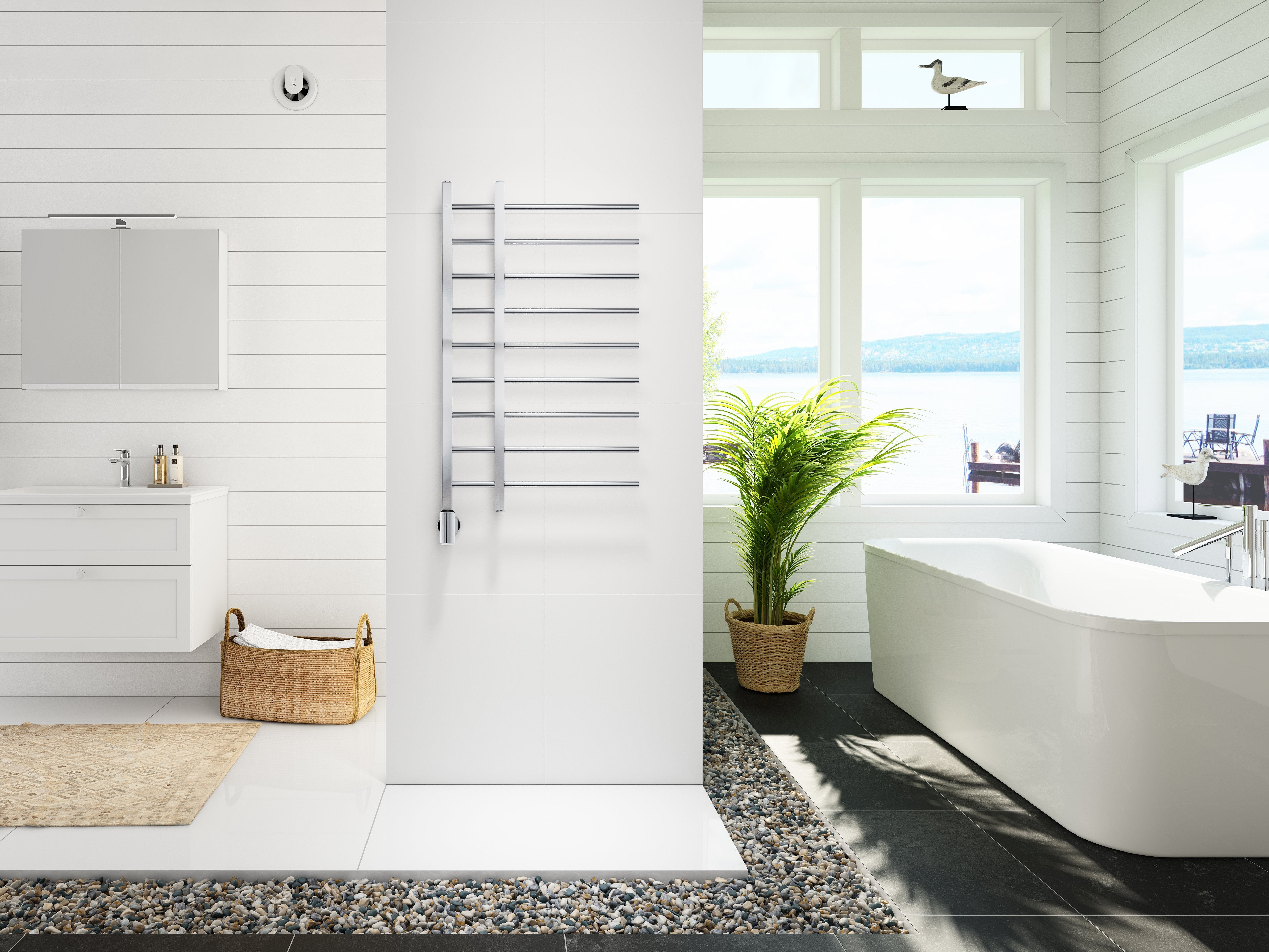 Вентилатор за баня Pax Norte Black в модерен бял интериор за баня, тих и интелигентен – онлайн магазин за обзавеждане KERANOVA