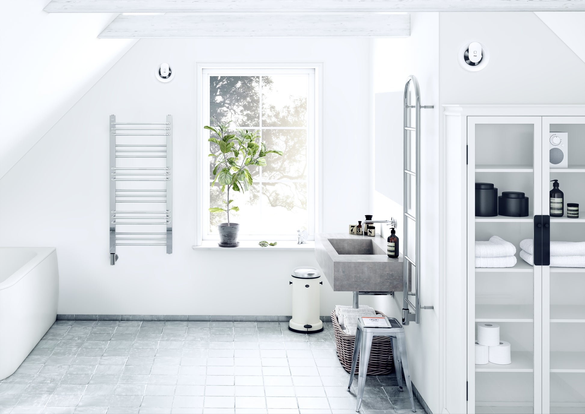 Вентилатор за баня Pax Norte Black в модерна бяла баня, тих и интелигентен вентилатор, онлайн магазин за обзавеждане KERANOVA