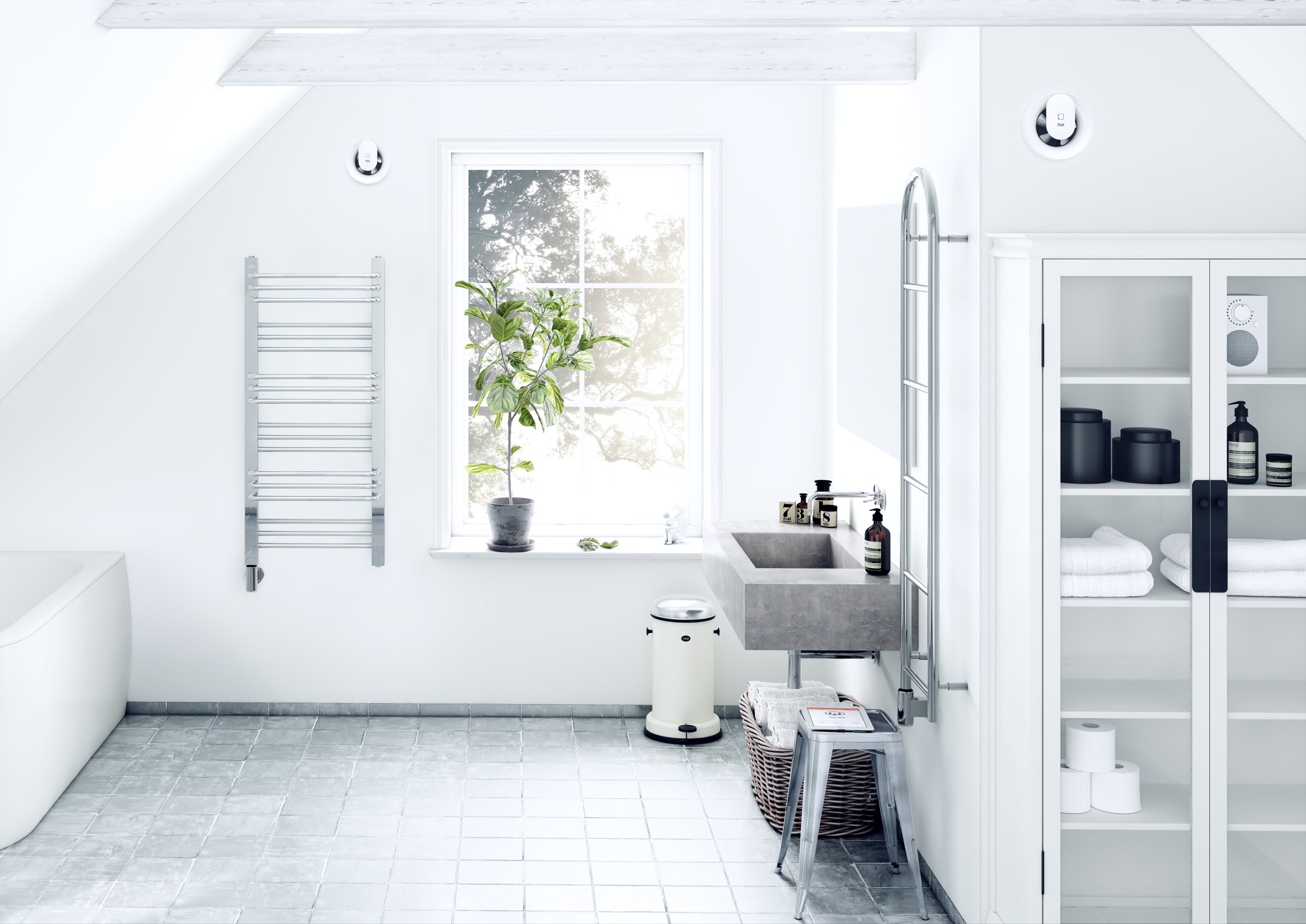 Вентилатор за баня Pax Norte Black в модерна бяла баня, тих и интелигентен вентилатор, онлайн магазин за обзавеждане KERANOVA