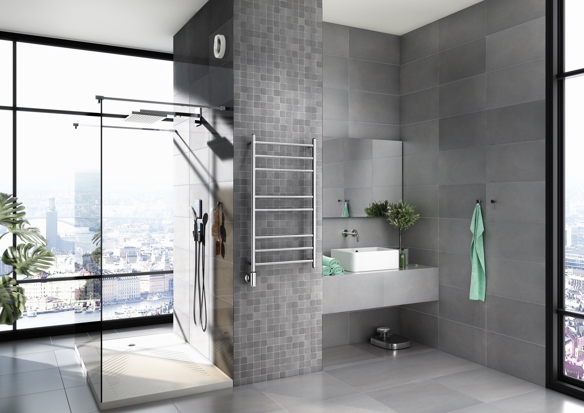 Вентилатор за баня Pax Norte Black иновативен тих вентилатор в модерна сива баня от KERANOVA