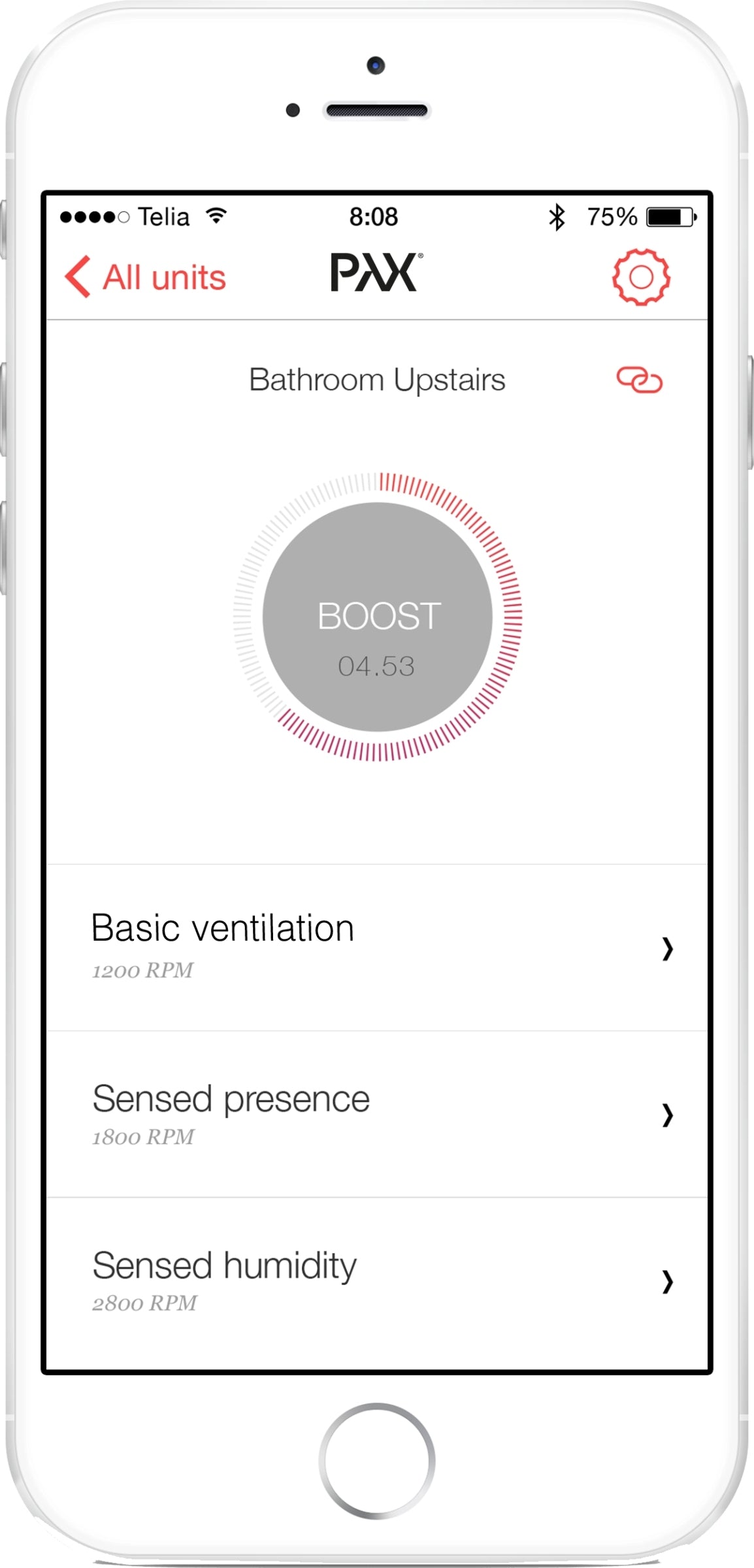 Вентилатор за баня Pax Norte White – мобилно управление чрез приложение, настройки Boost, основна вентилация, сензор за присъствие и влажност