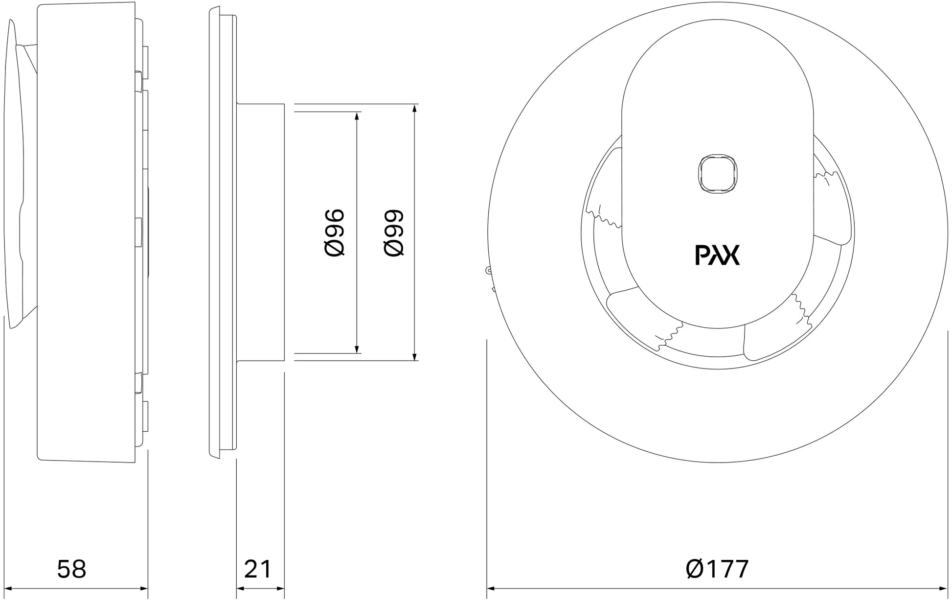 Вентилатор за баня Pax Norte Black - технически чертеж с размери Ø177 мм, монтажна дълбочина 58 мм, диаметър Ø96/99 мм - KERANOVA