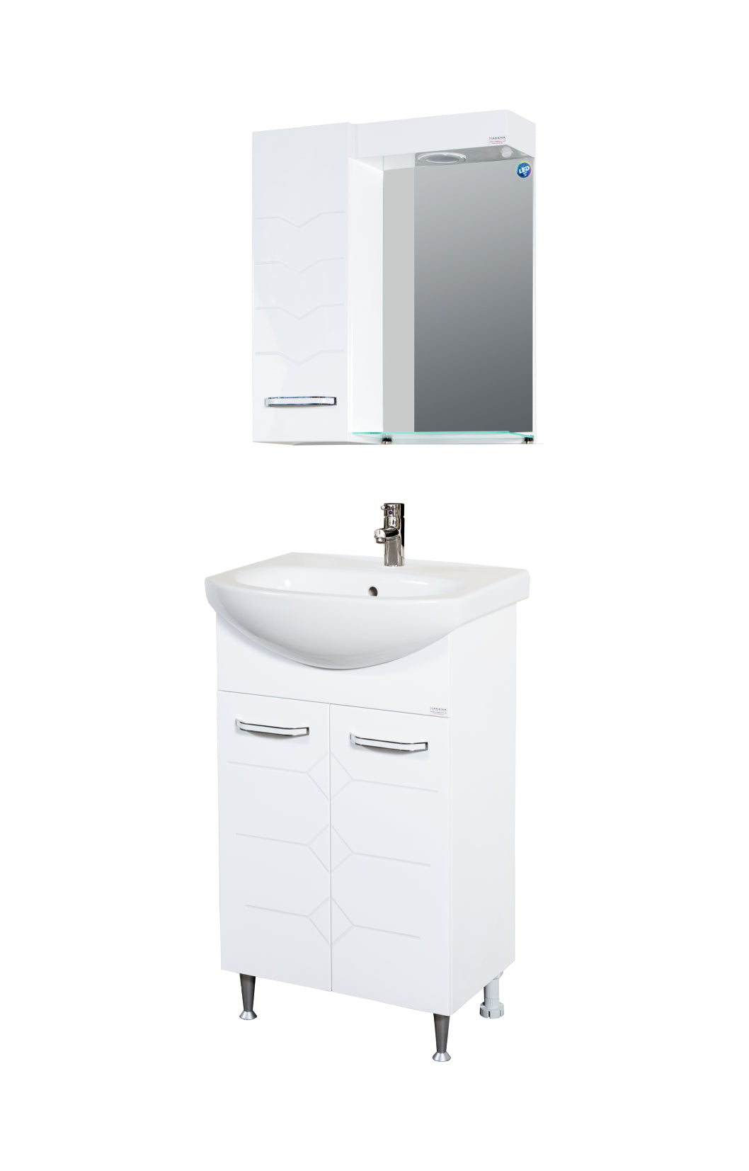 Мебел Перла 50х43 см. бял стоящ шкаф с порцеланова мивка и огледален шкаф с LED осветление - онлайн магазин за обзавеждане за бани KERANOVA