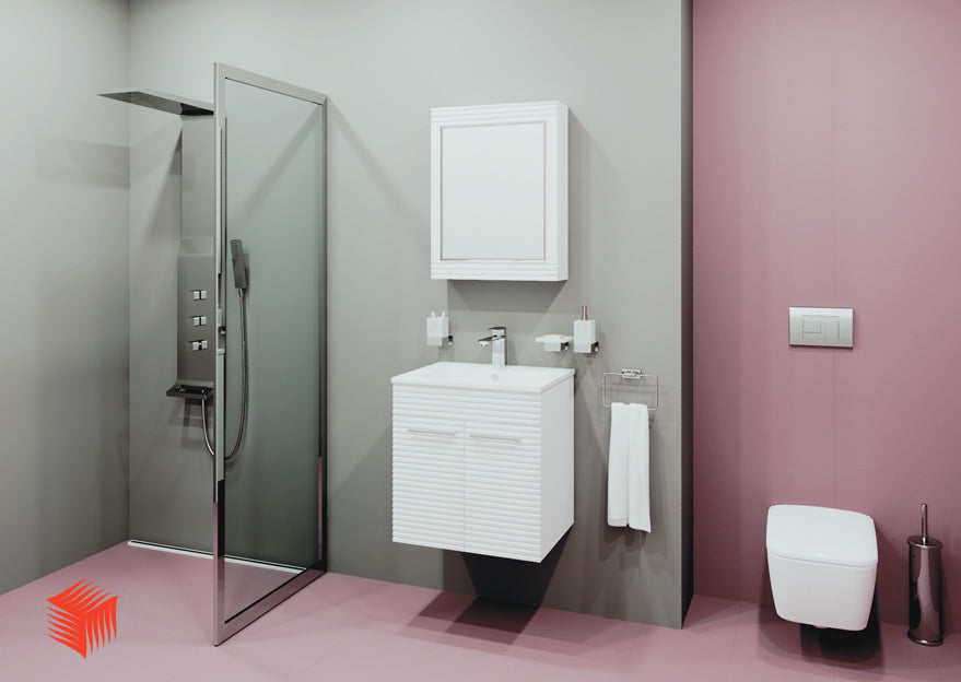 Мебел Petia 55 см. бял PVC долен шкаф за баня, компактна мивка и огледален шкаф – онлайн магазин KERANOVA