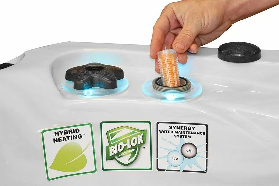 Pleasure 215x200 см. хидромасажна вана KERANOVA показва поставяне на филтър и етикети Bio-Lok, Hybrid Heating, Synergy Water Maintenance