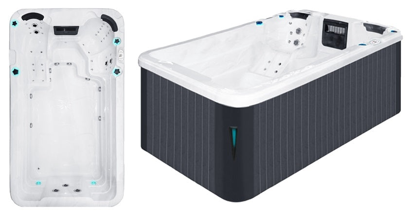 Плувно СПА Plunge Pool 400x228 см. бял интериор и сиво външно покритие, 3 седящи места и лежанка, 48 хидромасажни дюзи, KERANOVA онлайн магазин