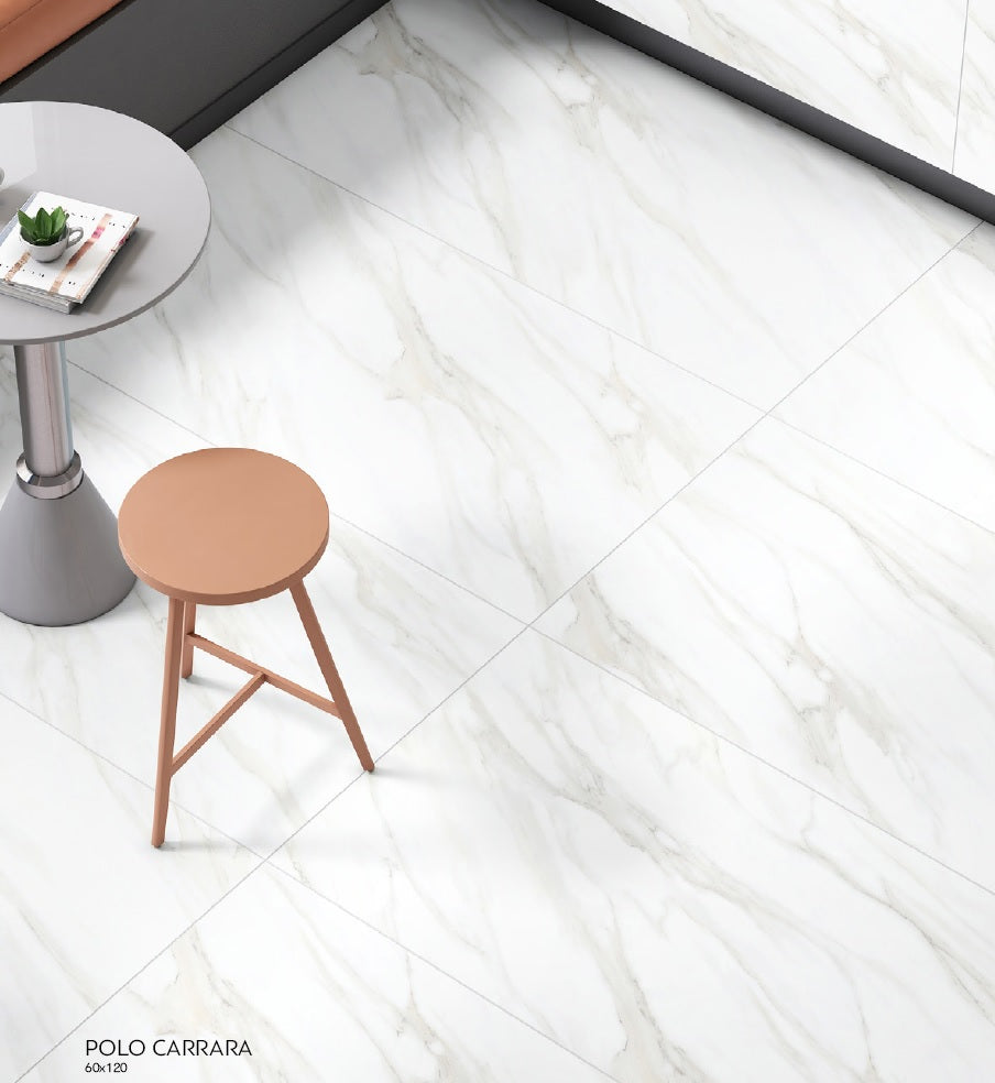 Polo Carrara 60x60 и 60х120 см. - матиран и полиран вариант. бял мраморен гранитогрес в интериор, онлайн магазин KERANOVA