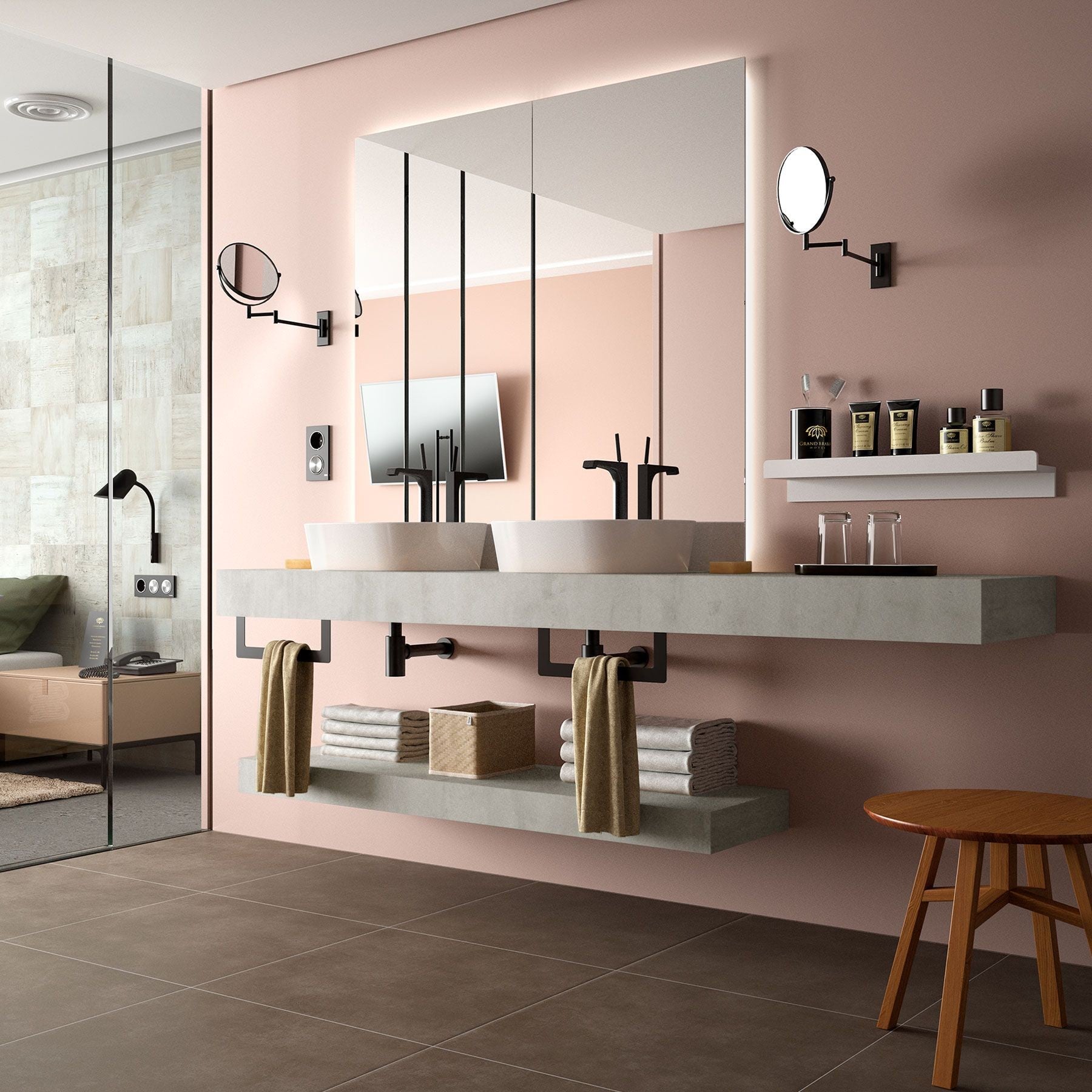 Плот Compakt с мивка върху плот в 5 различни декора – модерен плаващ бетонен плот с две мивки за баня от KERANOVA