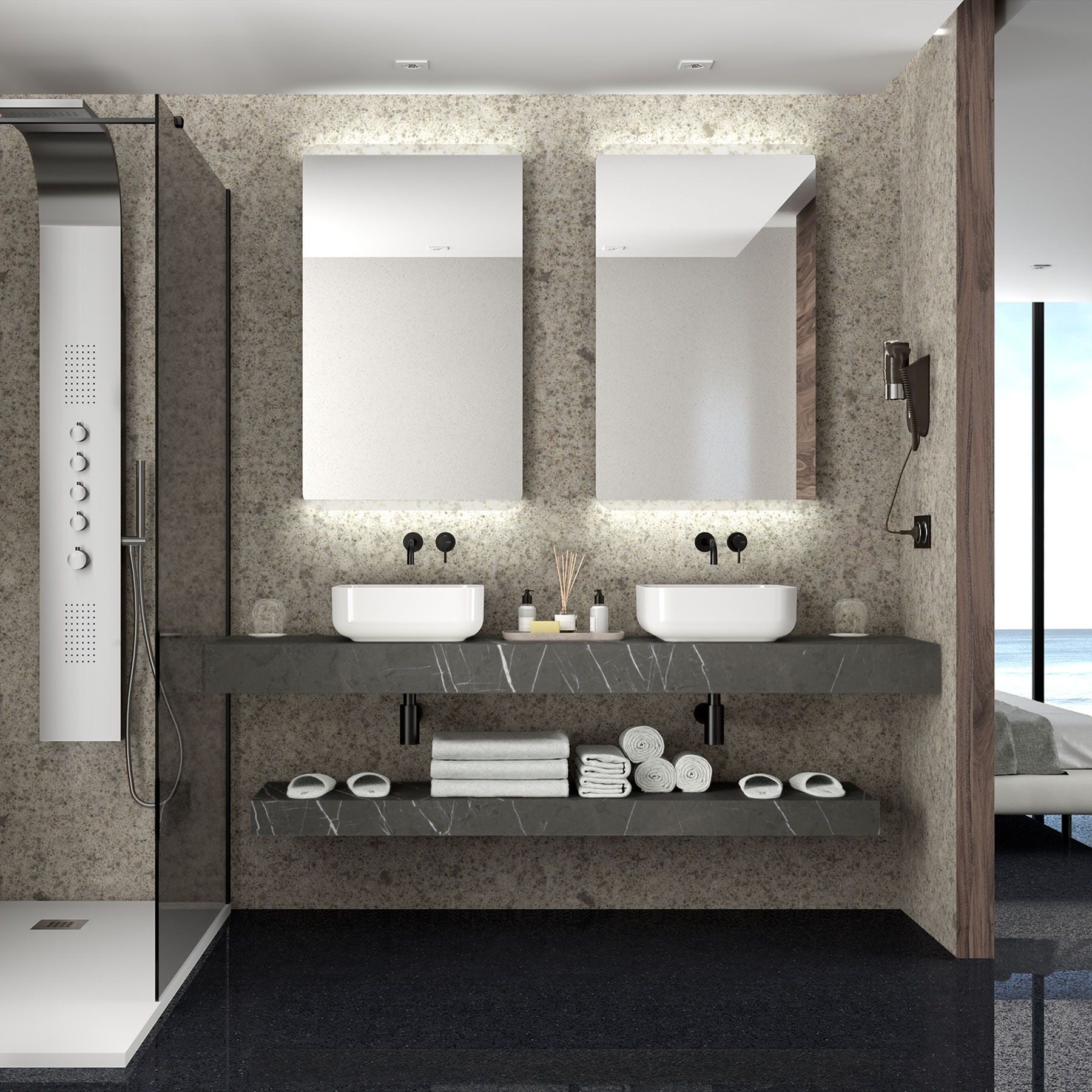 Плот Compakt с мивка върху плот в 5 различни декора - модерен HPL плот за баня, две мивки и елегантна изчистена композиция за KERANOVA