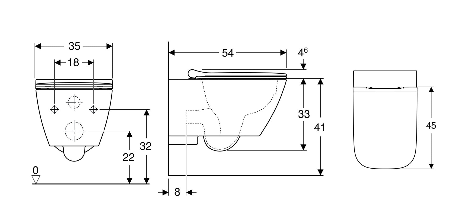 GEBERIT Delta30 Chrome с тоалетна Geberit Pravello Rimfree – технически чертеж с размери за окачена тоалетна, Duofix Delta монтаж KERANOVA