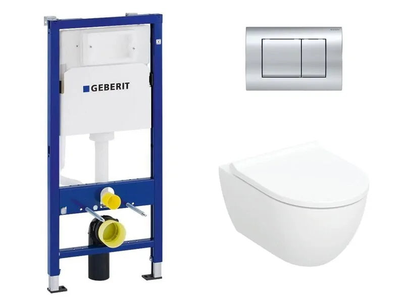 GEBERIT Delta30 Chrome с тоалетна Geberit Pravello Rimfree - Duofix Delta структура за вграждане, бутон Delta30, окачена тоалетна Pravello Rimfree