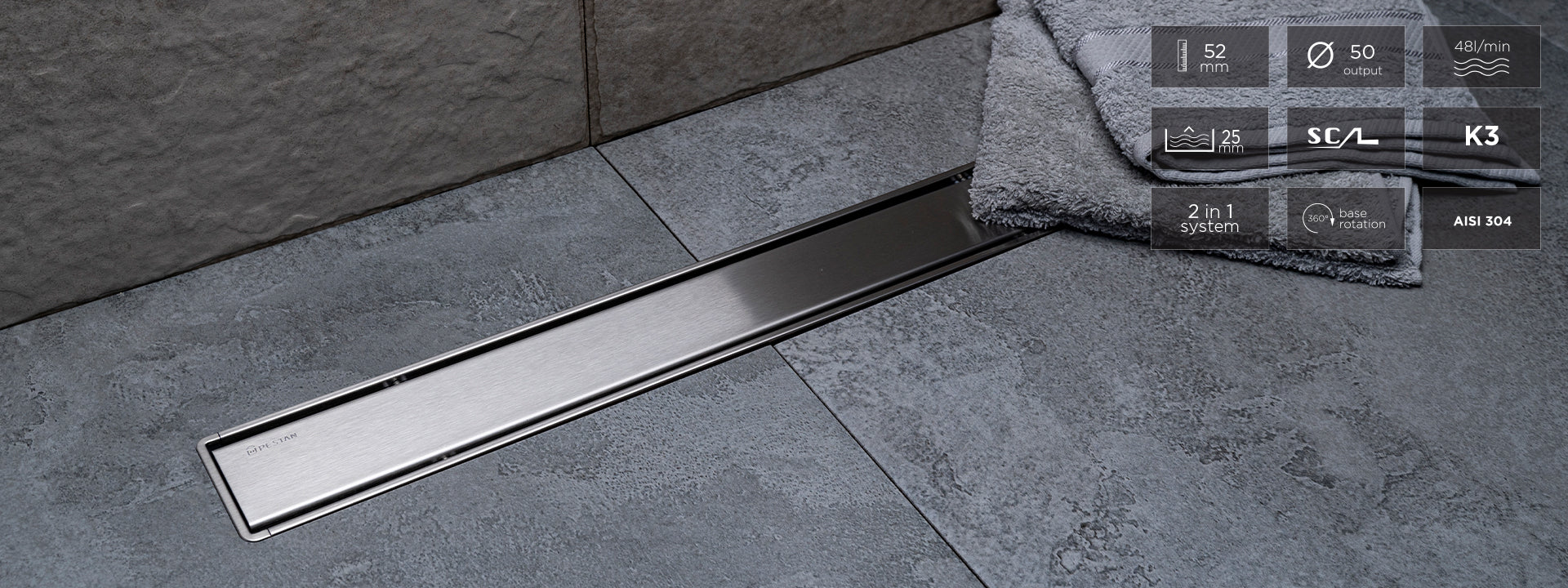 Confluo Primo Compact Line - Pestan дизайнерски линеен сифон 2в1 за онлайн магазин KERANOVA, неръждаема решетка и пластмасово тяло