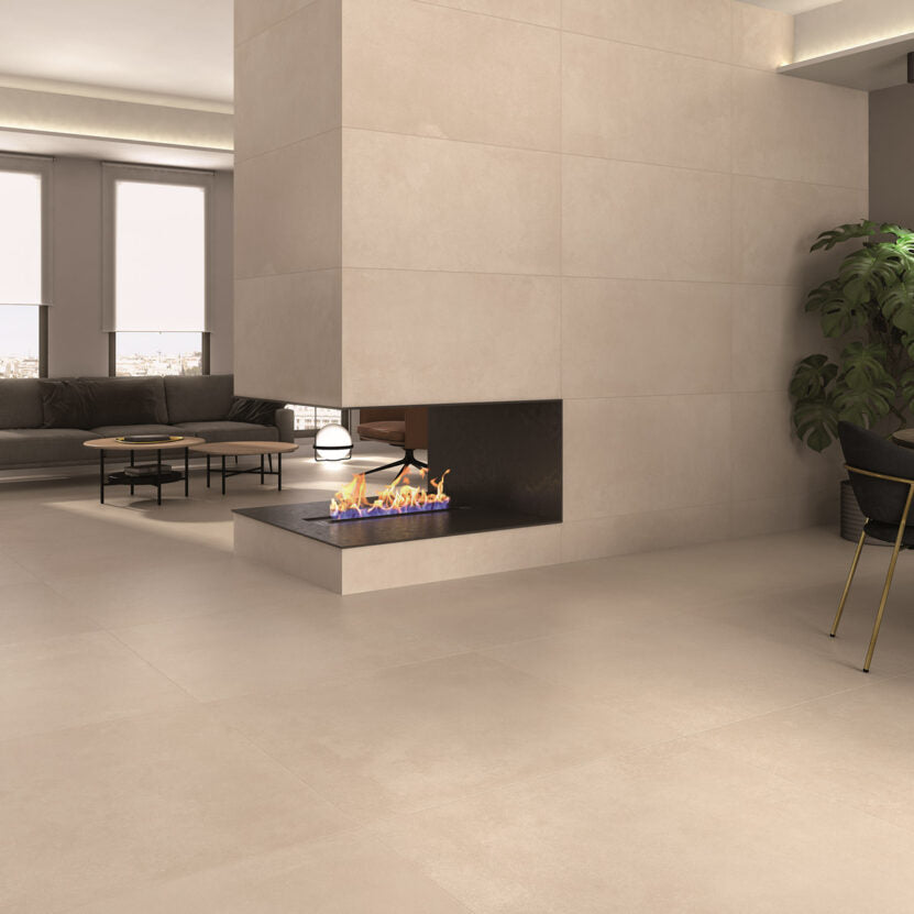 Public 30х60, 60х60, 60x120 и 100x100 см. - Vitacer матов гранитогрес Public White в съвременна дневна с камина - KERANOVA онлайн магазин