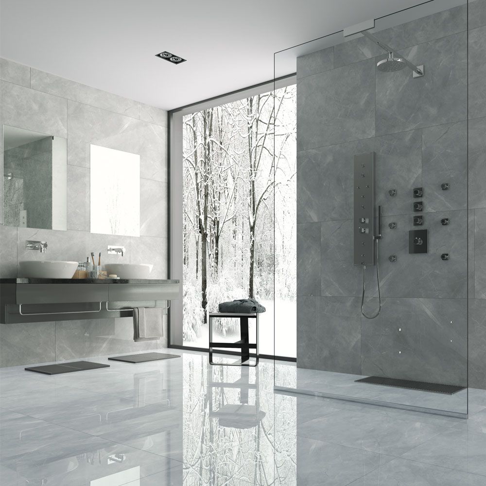 Серия Pulpis Grey - Qua Granite - 3 размера, 2 повърхности в модерен баня интериор, мат/полирана повърхност, KERANOVA онлайн магазин