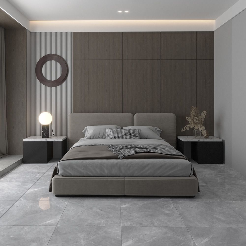 Серия Pulpis Grey - Qua Granite - 3 размера, 2 повърхности в модерен спален интериор, онлайн магазин за обзавеждане за бани KERANOVA