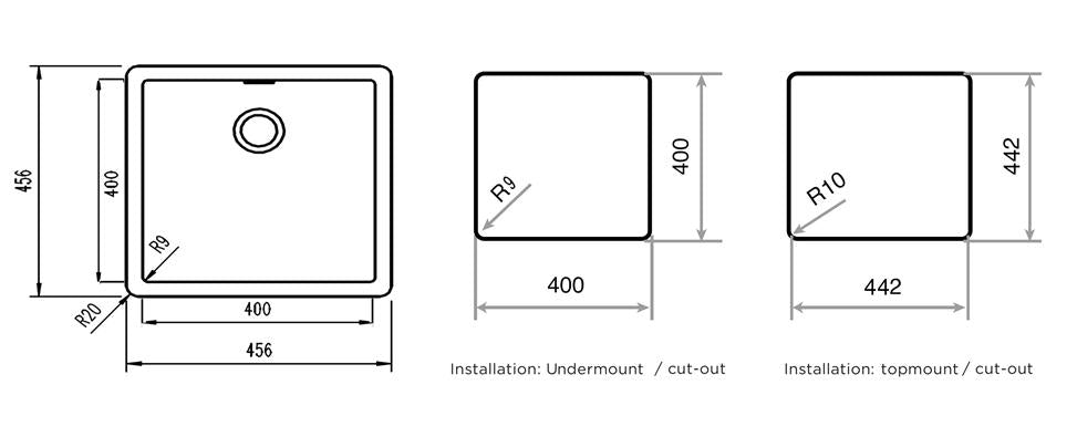 Мивка от синтетичен гранит Radea 400x400 мм за монтаж под плот, корито 40x40 см, дълбочина 20 см, KERANOVA онлайн магазин