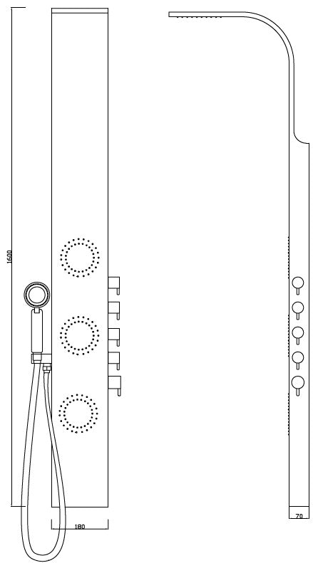 Душ панел Reina бял и черен - технически чертеж с размери, хидромасажни дюзи, стационарен и подвижен душ, шлаух 150 см, KERANOVA