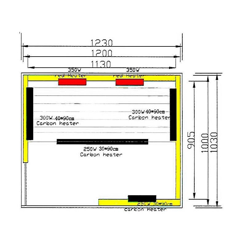 Чертеж и размери на инфрачервена сауна Trendy 120х100х190 см. – план с нагреватели, материал кедър/ела, онлайн магазин KERANOVA
