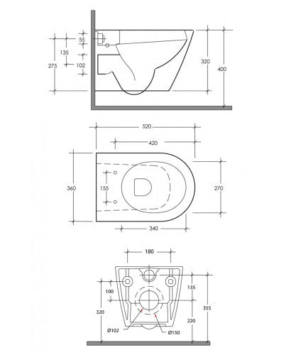 Rimless конзолна тоалетна Resort - R.A.K. Ceramics технически чертеж с размери за онлайн магазин KERANOVA