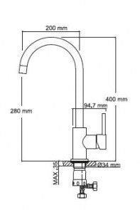 Кухненски смесител Rosa /инокс/ - технически схематичен чертеж с размери за онлайн магазин KERANOVA