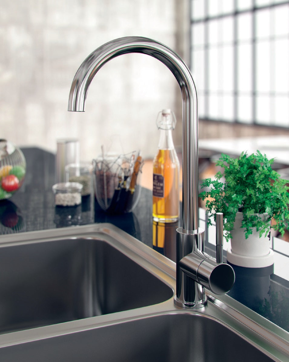 Кухненски смесител Rosa /инокс/ - иноксов смесител с висок свод, италианско качество, онлайн магазин за обзавеждане за бани KERANOVA