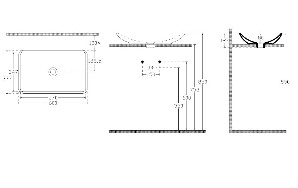 Купа Systema Y 60х38 см. - черна гланцирана мивка за монтаж върху плот, технически чертеж и размери | онлайн магазин KERANOVA