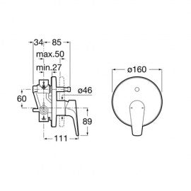 Вграден комплект Atlas Roca - технически чертеж и размери на вграден смесител за баня, онлайн магазин KERANOVA