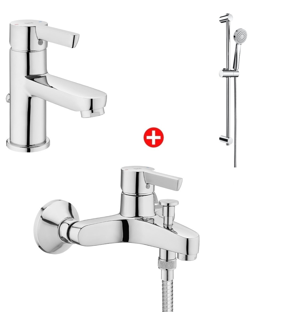 Комплект Saona 3 в 1 Roca хром смесители за умивалник и вана с тръбно окачване и ръчен душ - KERANOVA